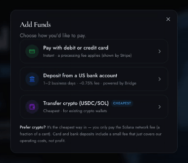Add Funds dialog with options for card, US bank account deposit, and USDC transfer