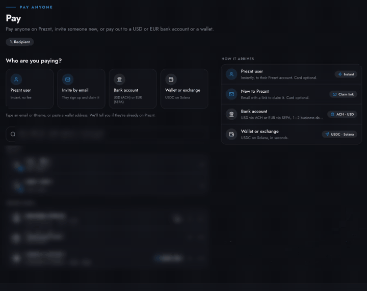Pay flow: picking a recipient, choosing an amount, and adding an optional card